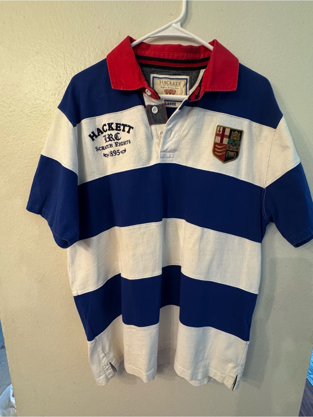 Hackett Blue & White Striped Rugby Polo with Red Collar
